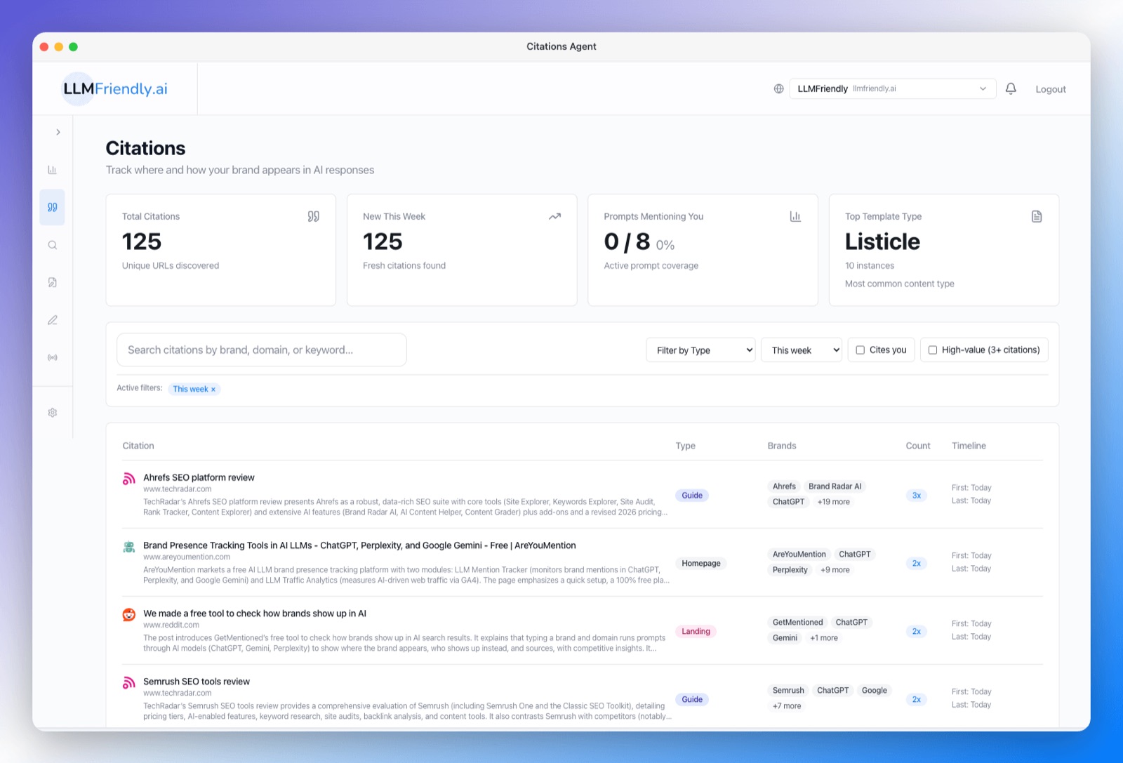 Citations Monitor dashboard showing brand mentions across the web with sentiment analysis and competitive intelligence