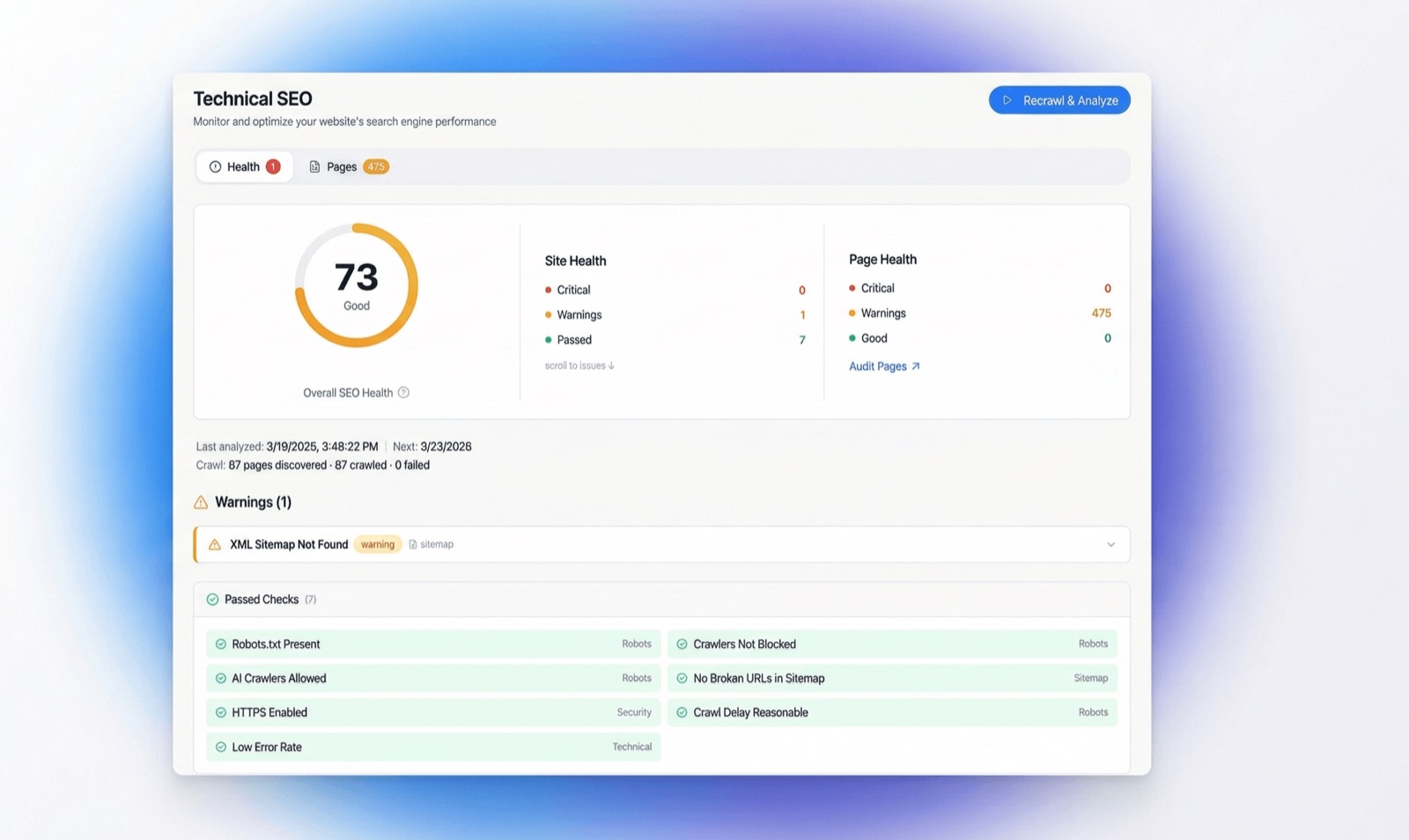 SEO Audit Dashboard showing technical and on-page SEO issues, performance metrics, and actionable recommendations