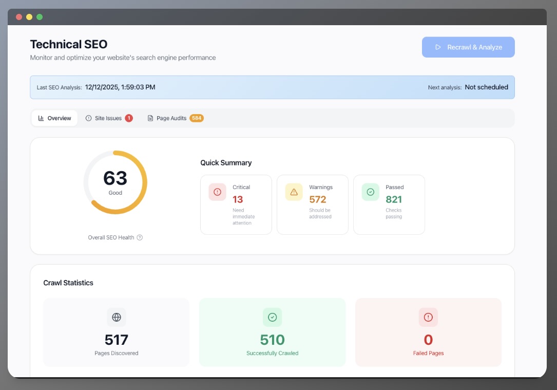 SEO Audit Dashboard showing technical and on-page SEO issues, performance metrics, and actionable recommendations